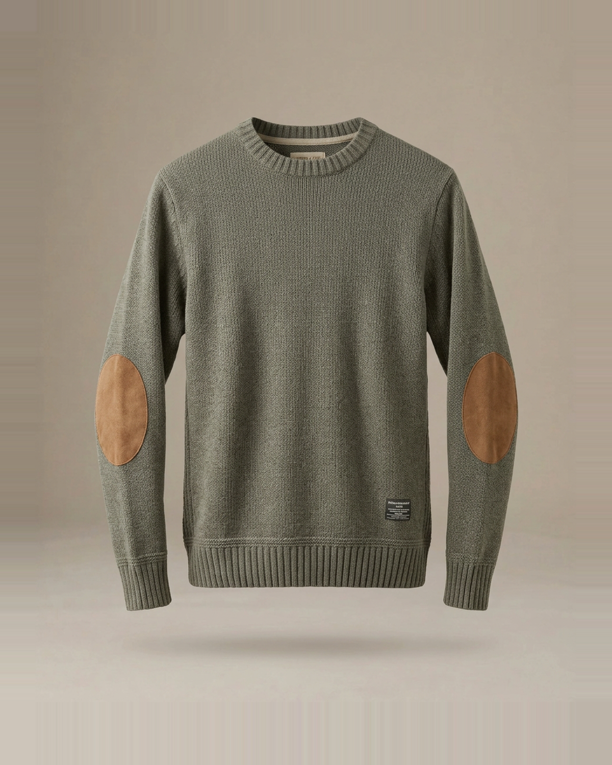エルボーパッチ クルーネックニット オリーブグレー