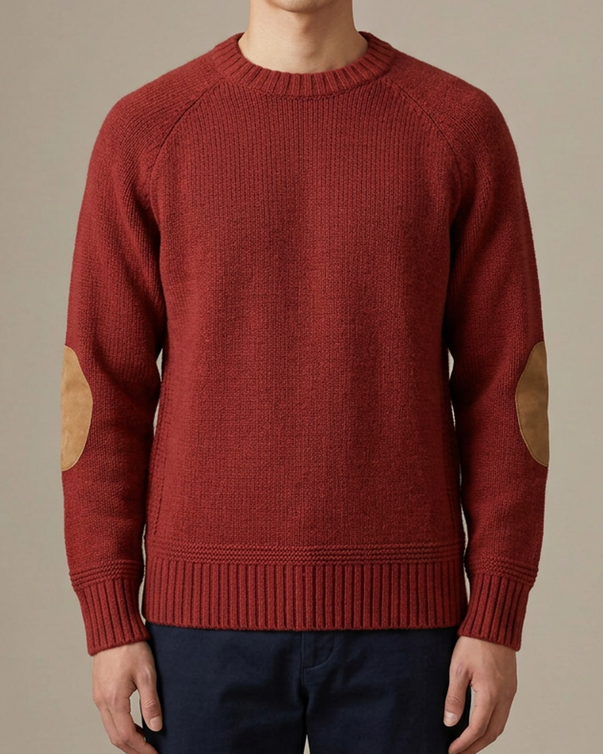 エルボーパッチ クルーネックニット レッド 着用